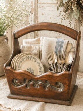 Vintage Primitive Handmade Wooden Basket With Intricate Cut-Out Details